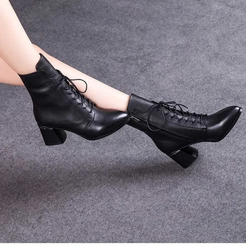 Comemore High Heels Soft Leather 2021 Winter Lace Up Ankle Boots Girls Black Plush Warm Women's Mid-heel Cotton Shoes Dr Martens