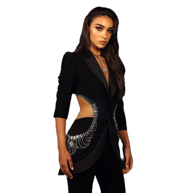 Nigikala Nigikala Summer New Star Sex Hollow Hot Diamond Suit Jacket Trousers Set Two Sets