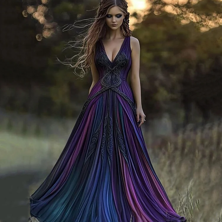 VChics Vintage Viking Pattern Gradient Casual Tank Dress