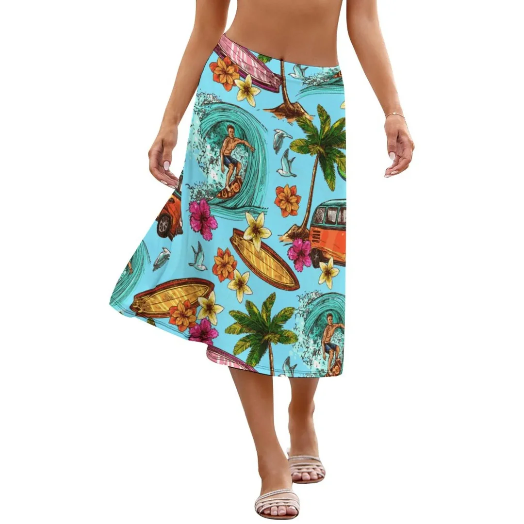 Hawaii Beach Surfer Skirt Women's Boho Elastic Swing Beach Maxi Skirt