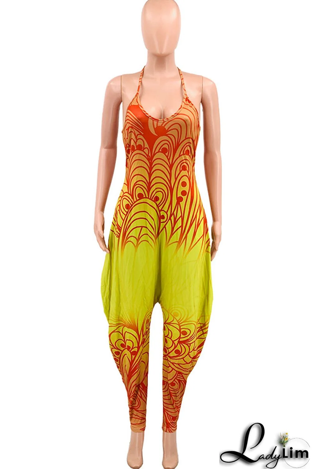 Green Casual Gradual Change Print Patchwork Spaghetti Strap Harlan Jumpsuits