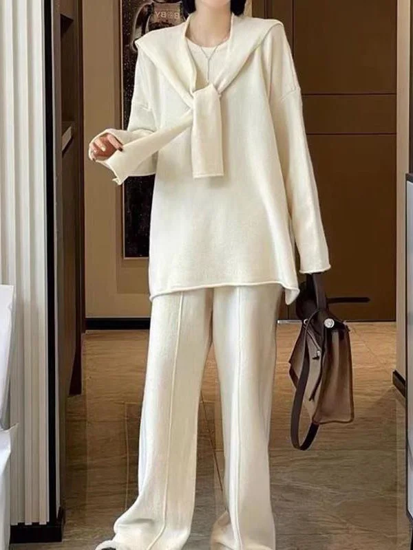 Solid Color Long Sleeves Loose Round-Neck Three Pieces Set