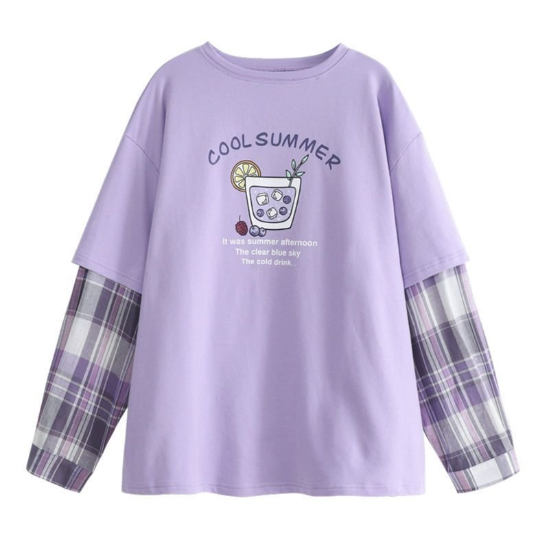 Long-sleeved Fake Two-piece Iris Purple T-shirt Women's 2020 Autumn New Korean Version Loose Printing All-match Student Top