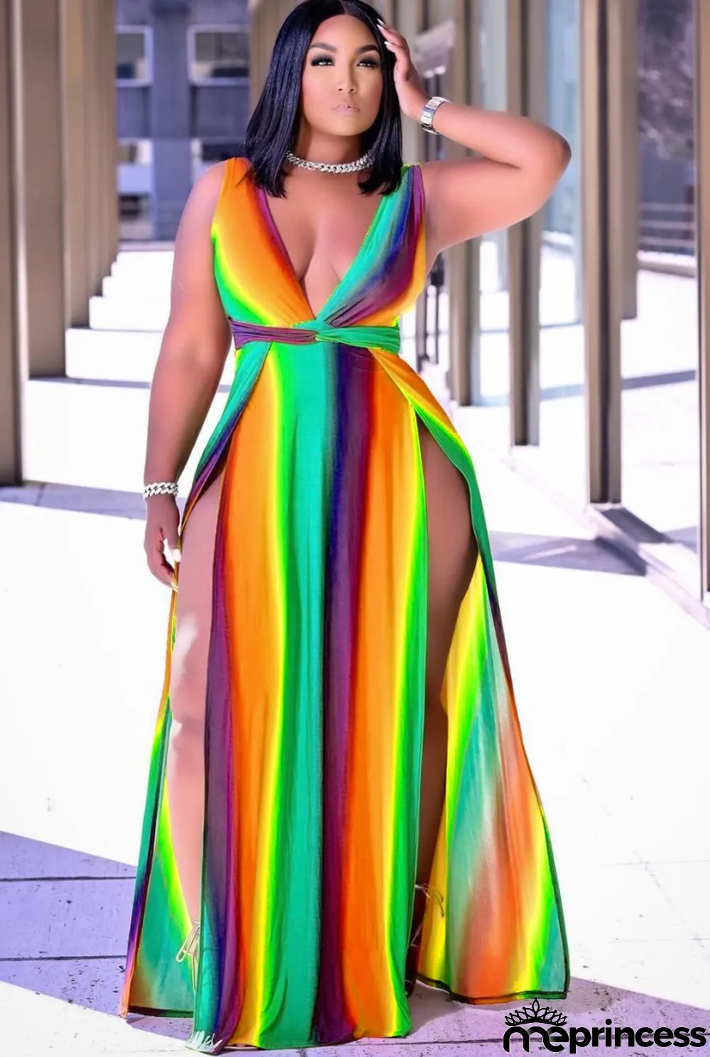 Summer Plus Size Deep-V Side Slit Sleeveless Sexy Rainbow Long Maxi Dress