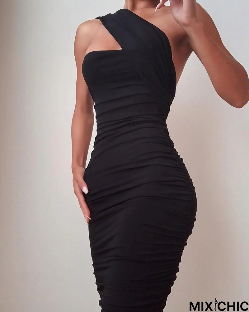 One Shoulder Sleeveless Ruched Bodycon Dress Black Dresses