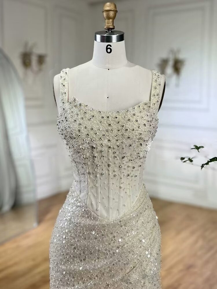Lisliy White Sleeveless Beadeds Sequins Jewel Mermaid Long Prom Dress 