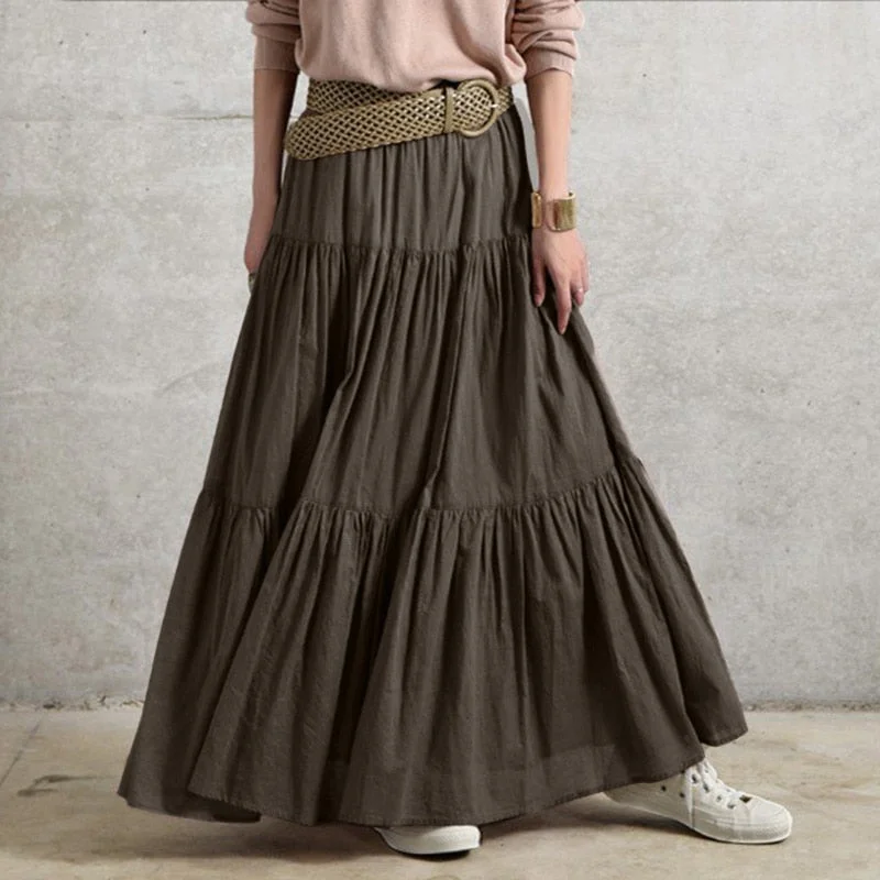 ZANZEA Stylish Women Spring Skirts Vintage Elastic Waist Faldas Saia Female Ruffles Maxi Sundress Casual Jupe Solid Long Skirt
