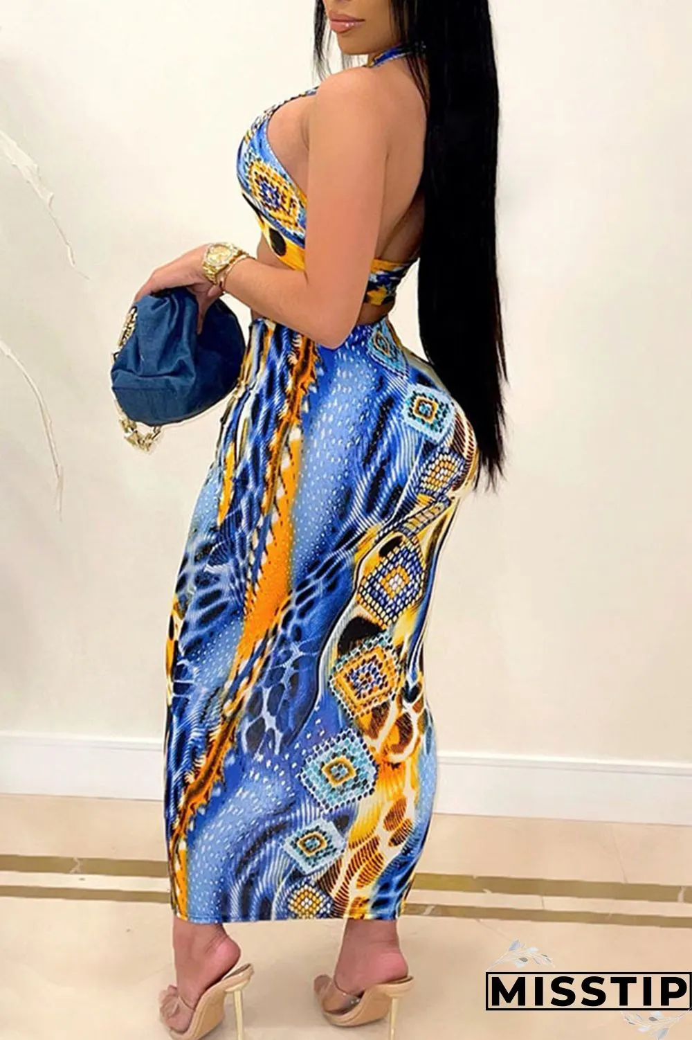 Blue Orange Sexy Print Bandage Patchwork Frenulum Fold Halter Sleeveless Two Pieces