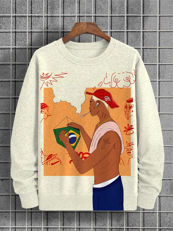 Men's Black Man And Cartoon Doodles Print Casual Sweatshirt