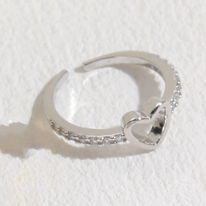 Glam Letter Heart Shape Copper Inlay Zircon 14k Gold Plated Open Ring