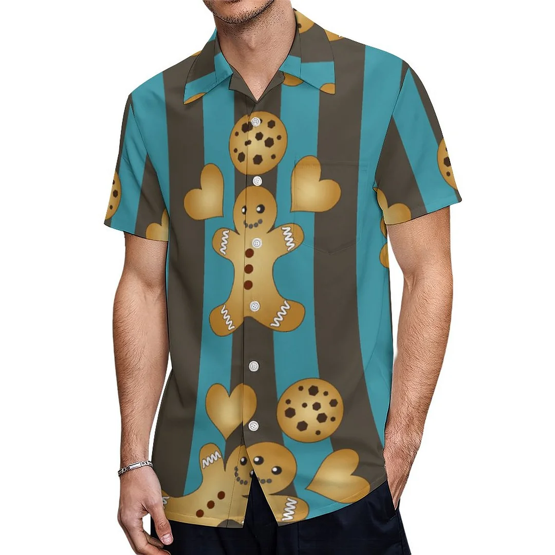 Cartoon Gingerbread Man Team Cookie Hawaiian Shirt Mens Button Down Plus Size Tropical Hawaii Beach Shirts