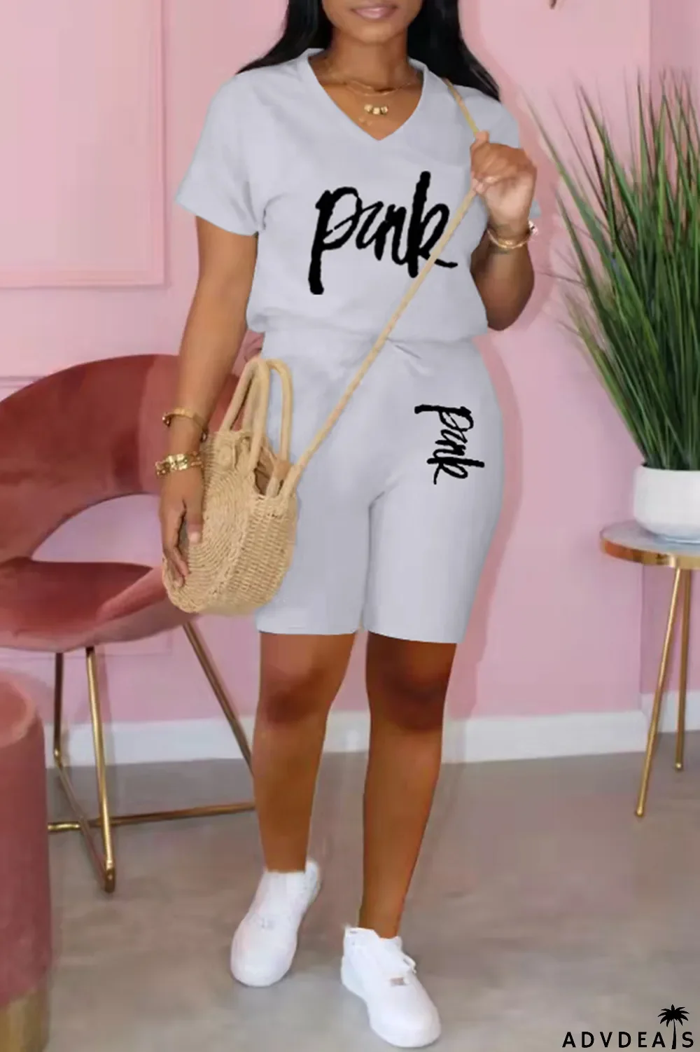 Apricot Fashion Casual Letter Print Basic V Neck Short Sleeve Two Pieces