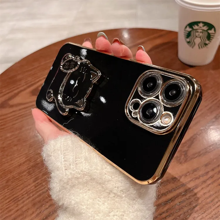Cartoon Fortune Cat Cute Case for iPhone 14 Plus 11 12 13 14 Pro Max X Xs Xr 7 8 Plus SE 2020 15 Pro Plating Stand Holder Cover