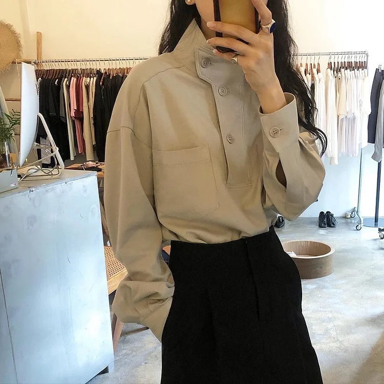 Niche Design Solid Color Stand Collar Long Sleeve Shirt