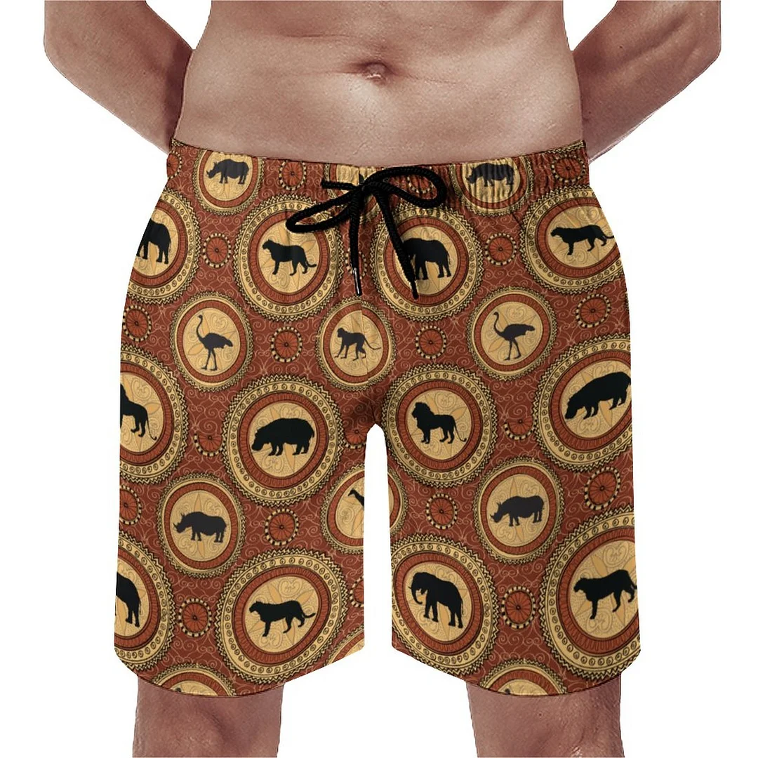 Vintage Brown African Animals Orange Elephant Men's Swim Trunks Summer Board Shorts Quick Dry Beach Short with Pockets