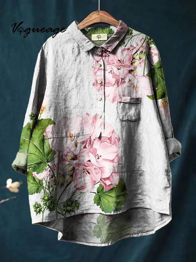 Simple And Casual Gentle Flowers Print Cotton And Linen Shirt