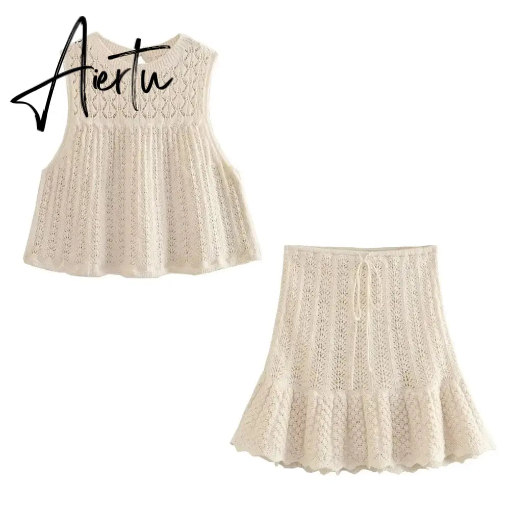 Jacquard Mesh Knitted Top Skirt Dress Set Women Summer Crochet Fashion Sleevless A-line Skirt Set Outfits Beachwear Aiertu