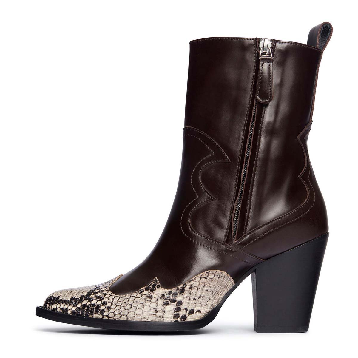 Dark Brown Faux Leather Chunky Heel Short Western Boots with Zipper Nicepairs