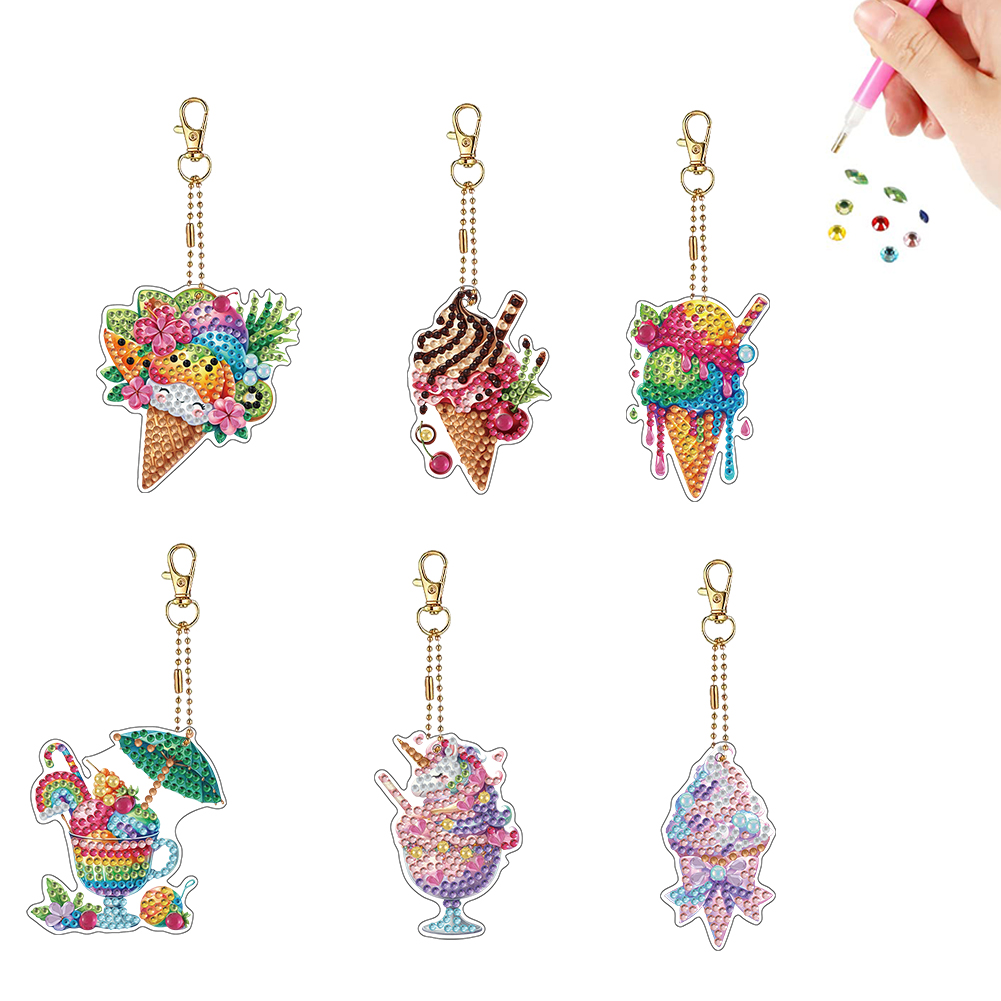 6Pcs Double Sided Special Shaped Ice Cream Diamond Painting Keychain for Adults