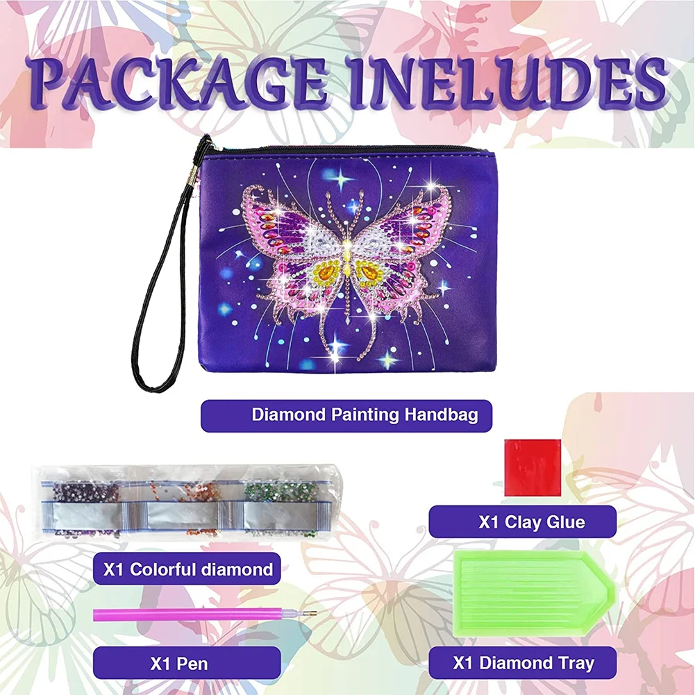 DIY Butterfly Diamond Art Cosmetic Bag Flowers Single Sided PU Women Clutch