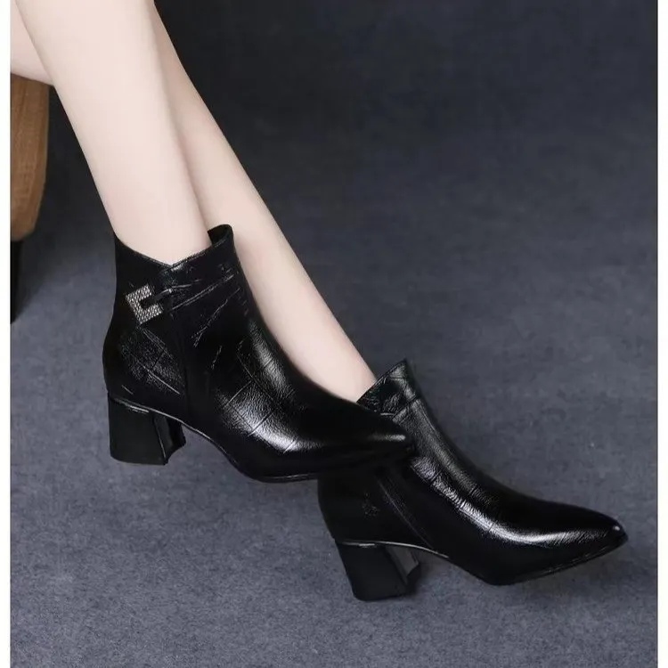Churchf Autumn And Winter New Fashion Pointed Side Zipper High Heel Ankle Boots Thick Heel Fashion Plus Size Martin Boots Women