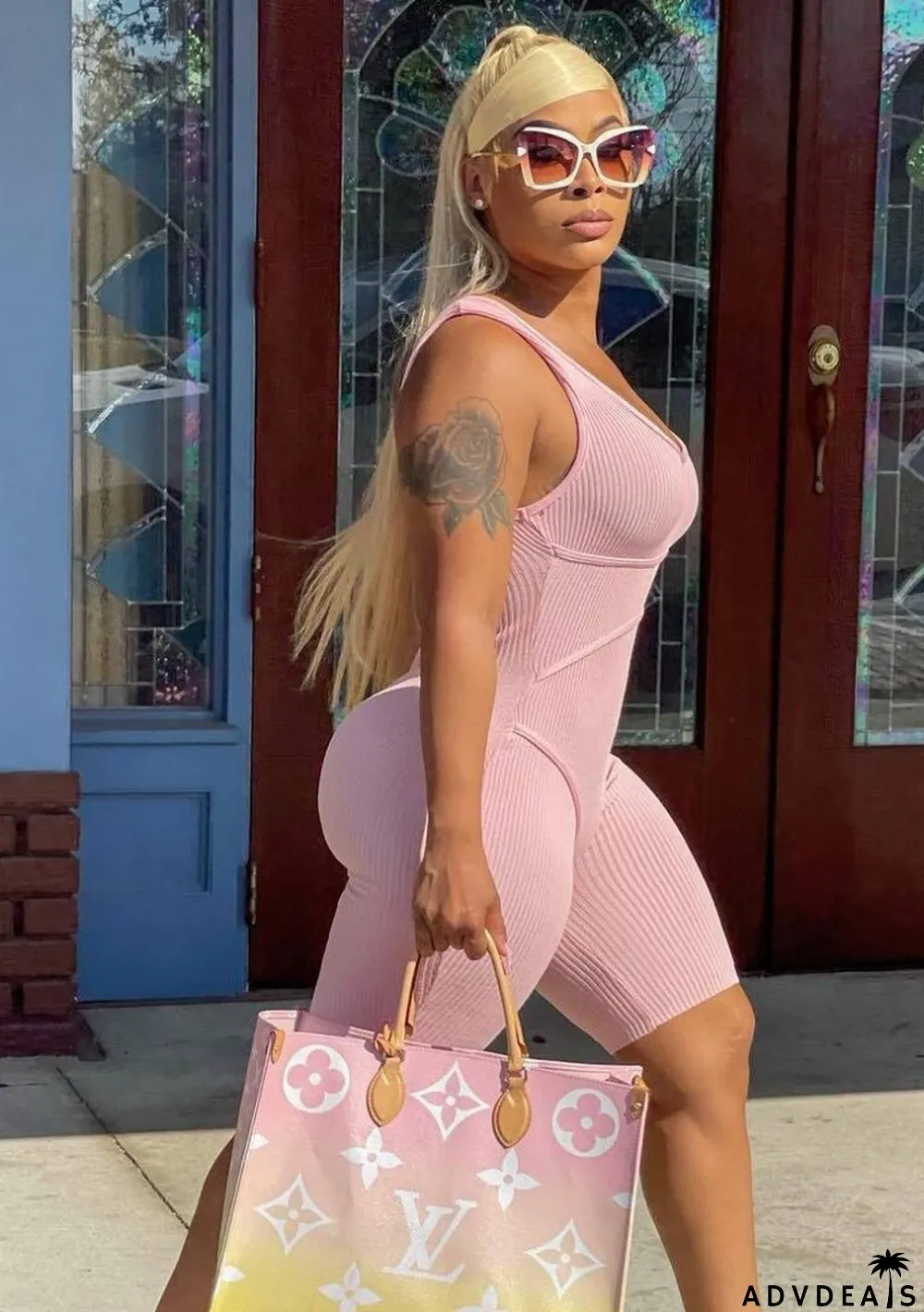 Women Summer Pink Sporty Strap Sleeveless Solid Knee-Length Skinny Ribbed Rompers