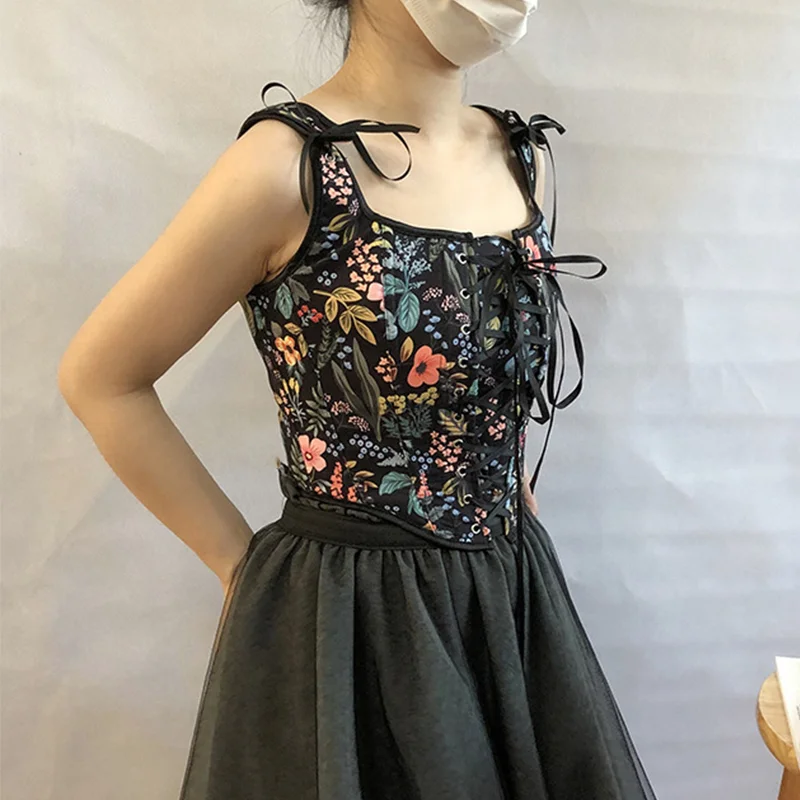 Billionm Floral Print Vintage Corset Women Lace Up Buister Crop Top Sleeveless Bandage Tank Top Sexy Chest Binder Camisole Mujer