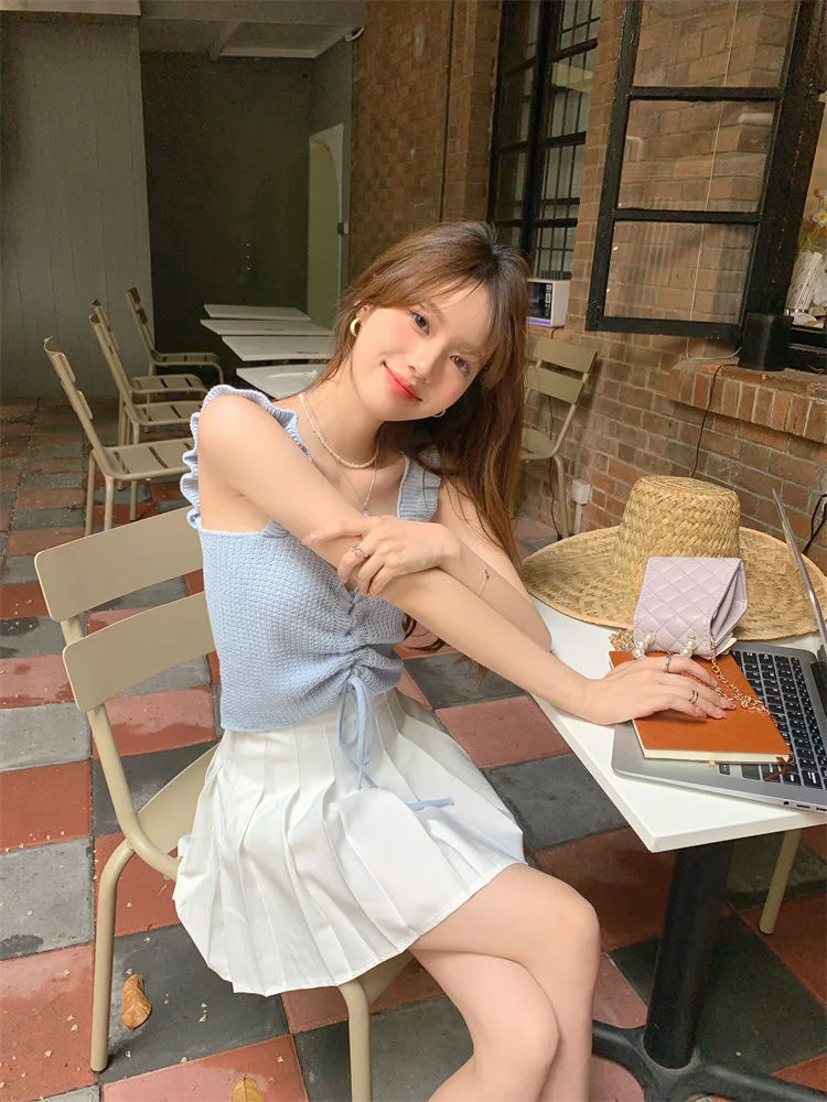 Uveng Uveng Rope Sling Sling Slings Small Vest Women's Summer 2023 New Fashion Umbilical Wrinkles Wearing Sleeveless Top