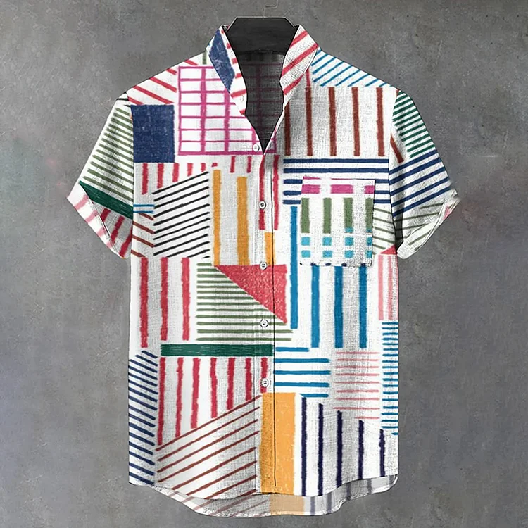 Simpfit Gemütliches Herrenhemd aus Nachahmung aus Nachahmung aus Baumwolle und Leinen mit Vintage-Farben und Geometrie-Art