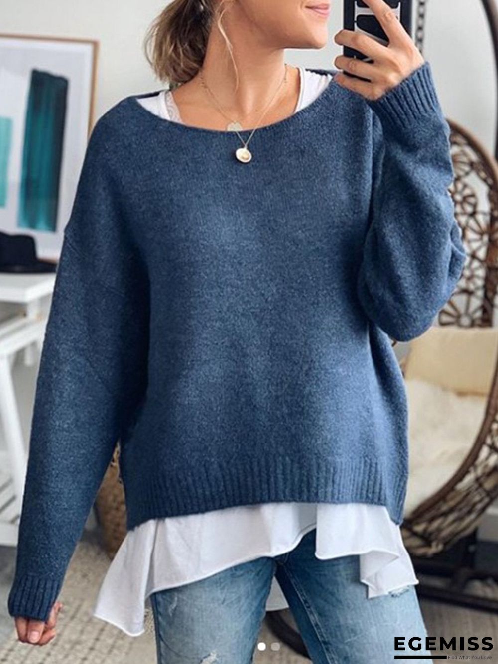 Blue Casual Cotton-Blend Crew Neck Sweater | EGEMISS