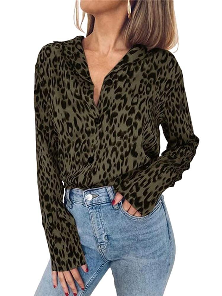 Women's Casual Leopard Print Chiffon Shirts Turtle Neck Long Sleeve Curved Blouse Top
