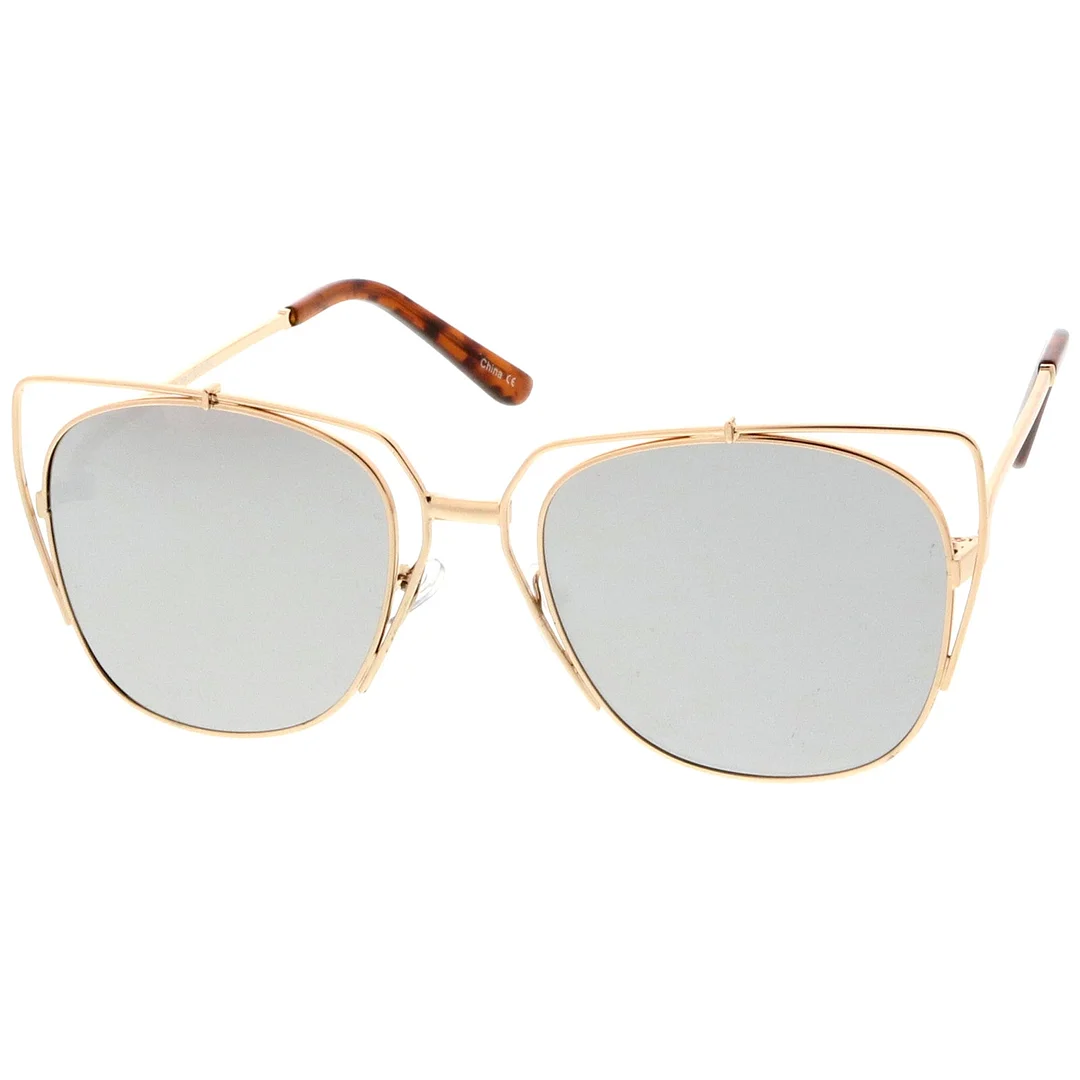 Women's Open Metal Cat Eye glasses With Mirrored Flat Lens And Slim Arms 55mm