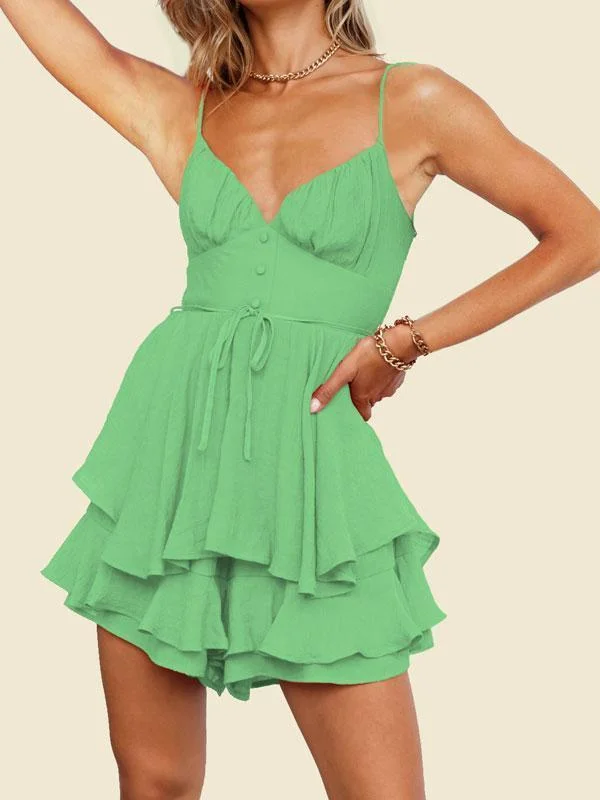 Thin straps tie front  button dress