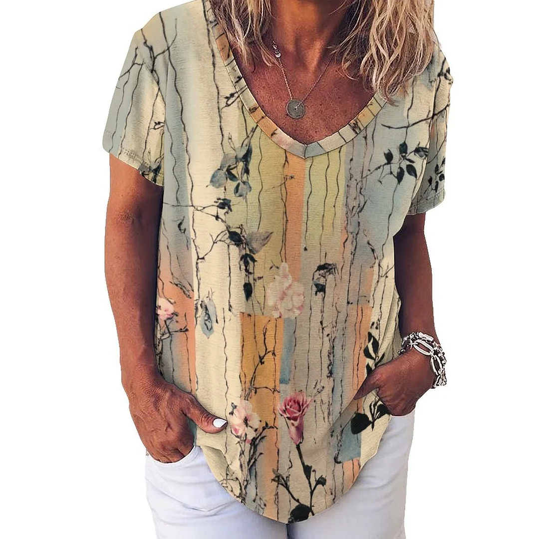 V-neck Short Sleeve Casual T-shirt for  Women Printed with Pattern Brown, Floral, Gray, Striped