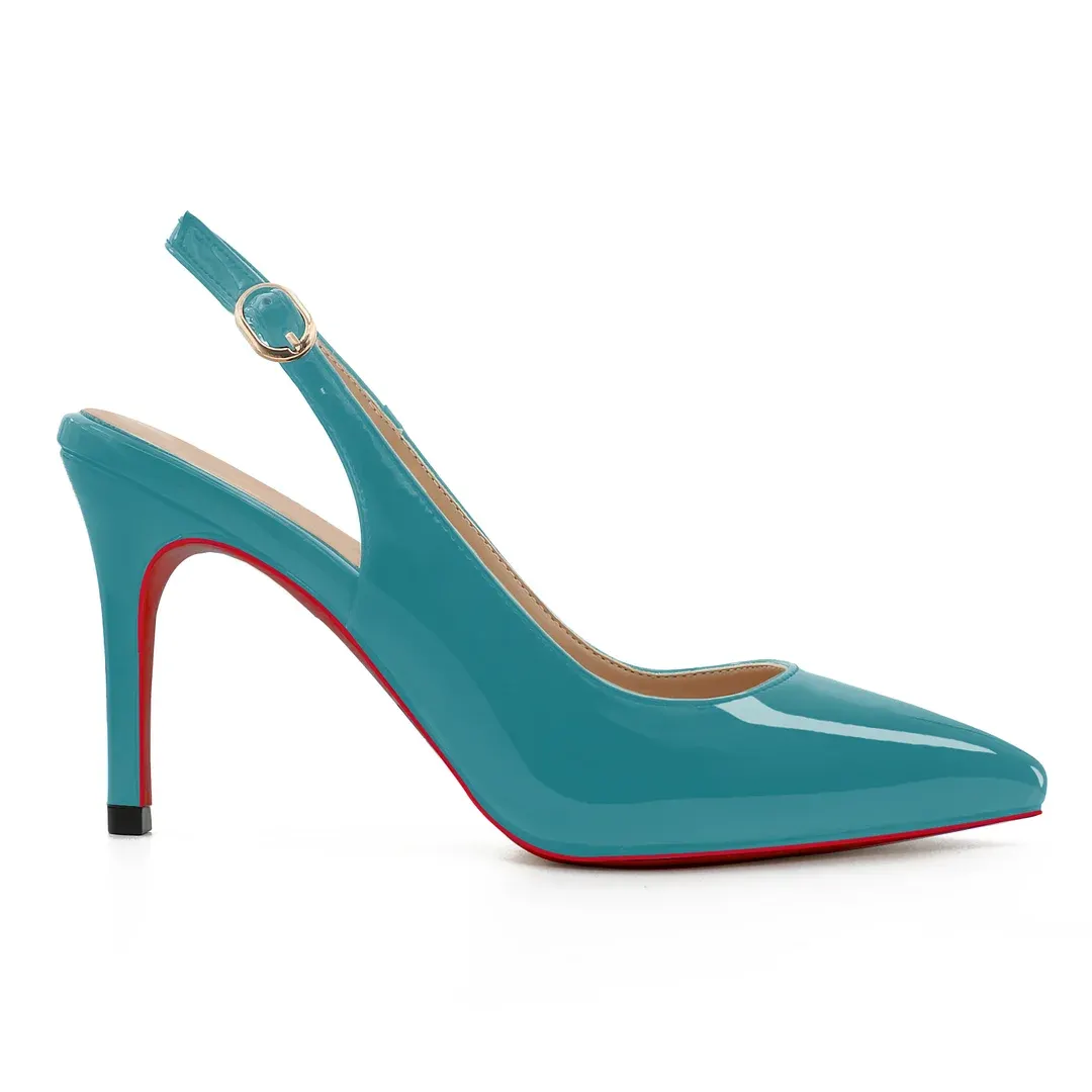 90mm Women's Pointed Toe Slingback Heels Red Bottoms Pumps Comfortable Dress Shoes-vocosishoes