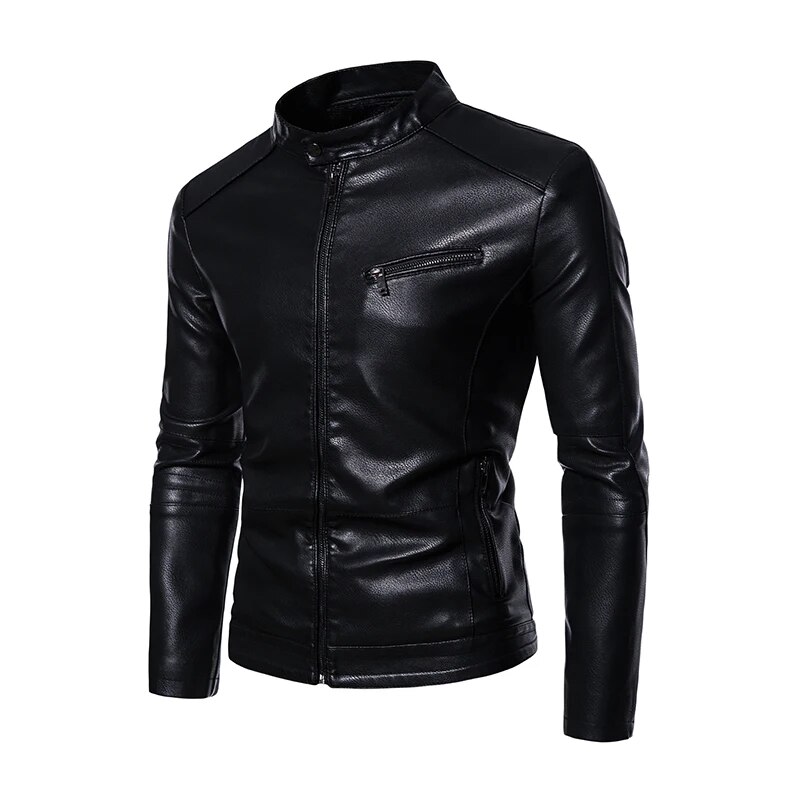 2025 Pu Casual Leather Jacket Men Fleece Motorcycle Biker Slim Fit Outerwear Men Solid Stand Collar Leather Jackets Plus Size