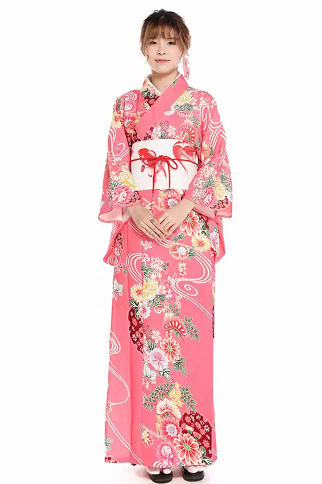Yukata Kimono Pink Cherry Blossom Gown with Belt for Summer - はなびたいかい Stupa Stones