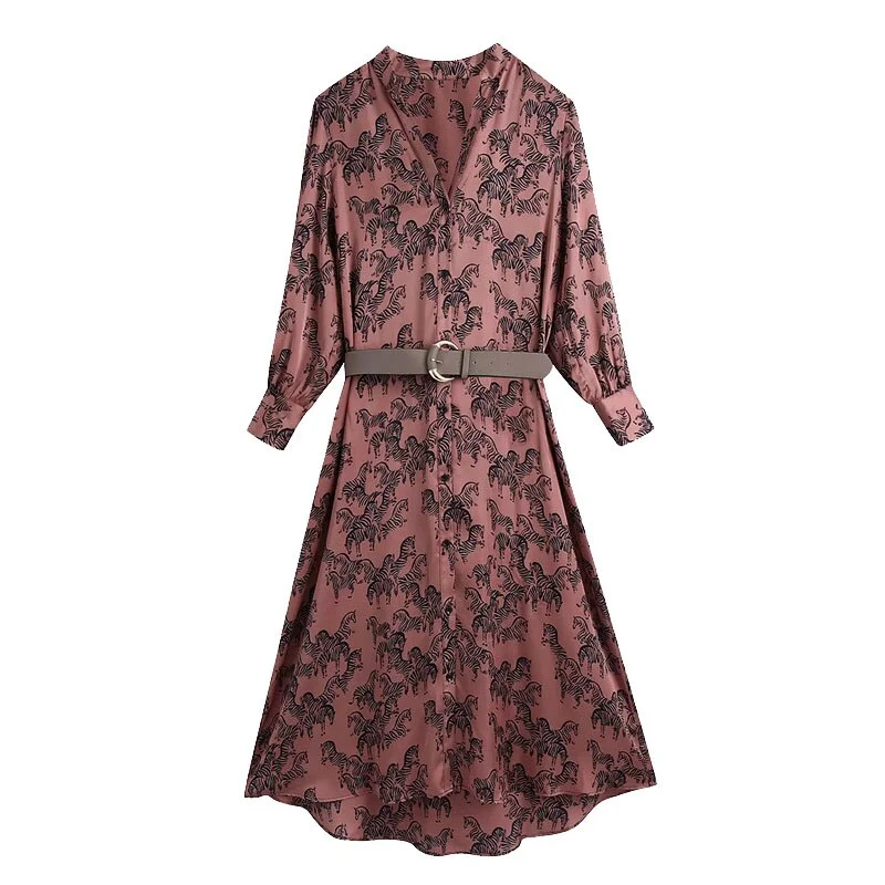 KPYTOMOA Women 2021 Chic Fashion With Belt Animal Print Cozy Midi Dress Vintage V Neck Button-up Female Dresses Vestidos Mujer