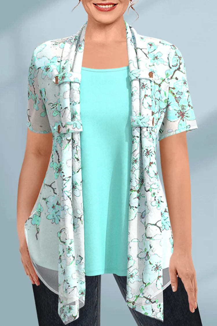 Flycurvy Plus Size Casual Green Peach Blossom Print 2 in 1 Blouse  Flycurvy [product_label]