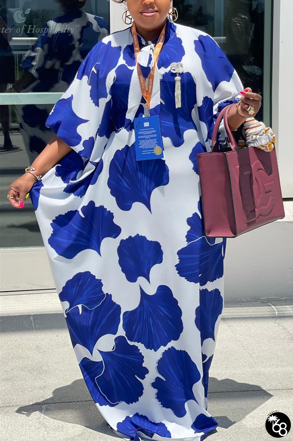 Blue Plus Size Casual Vacation Floral Printing Ribbon Collar Printed Dress | 168DEAL