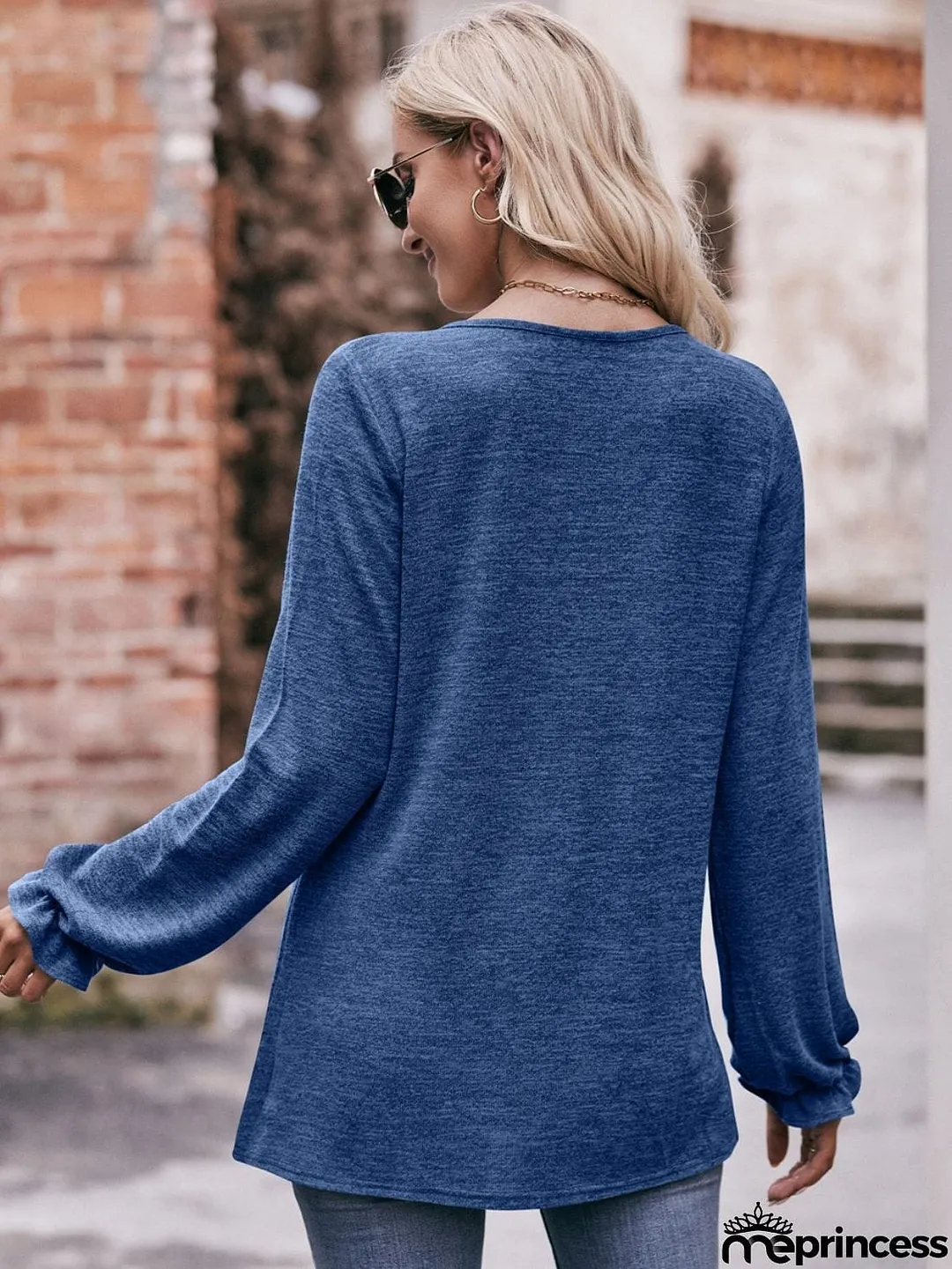 Long Flounce Sleeve Round Neck Blouse