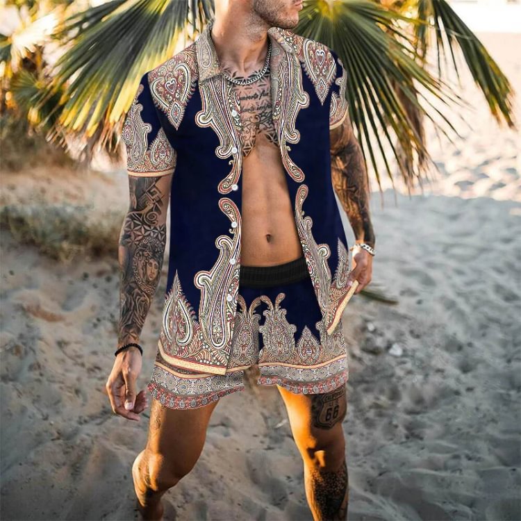 BrosWear Fashion Beach Tribal Graphic Printed Short Sleeve Shirt Two Piece Set