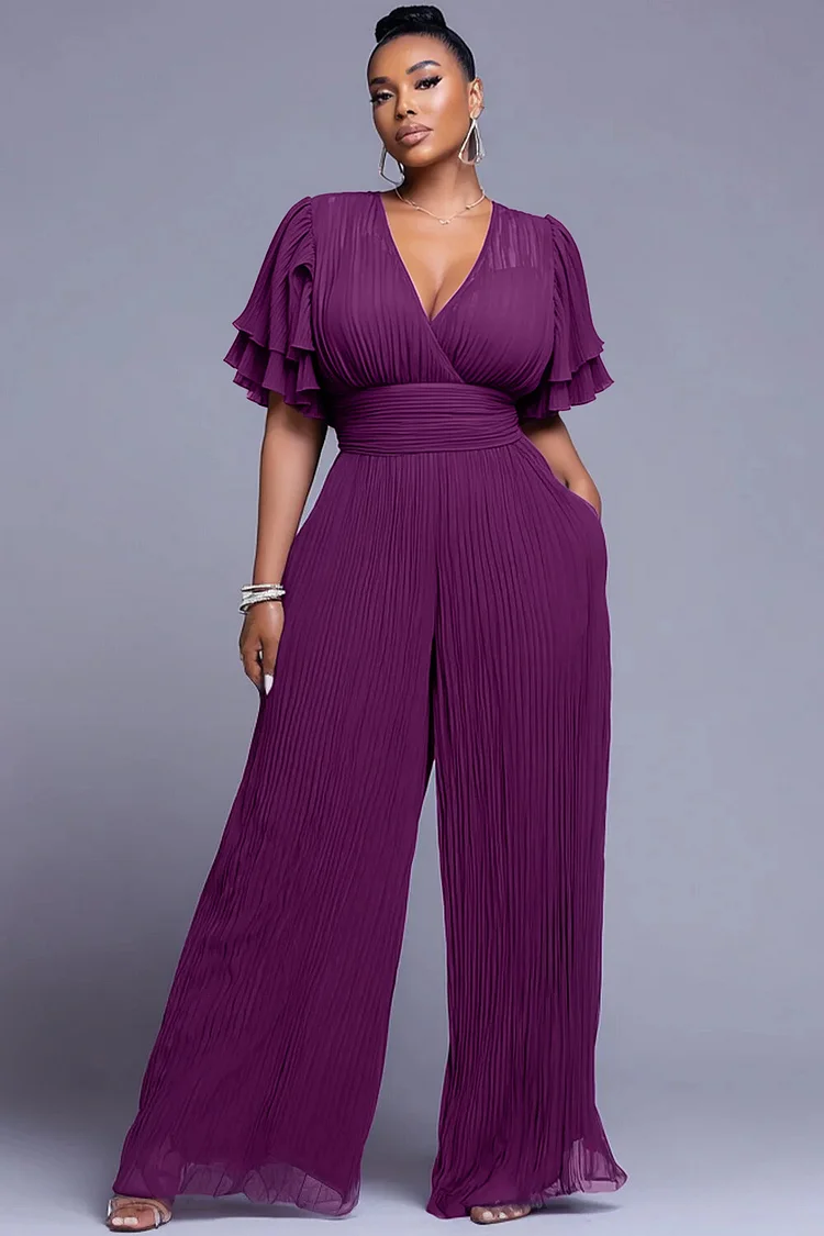 Xpluswear Design Plus Size Business Casual Purple V Neck Short Sleeve Pleated Pocket Chiffon Jumpsuits 2024 - Xpluswear