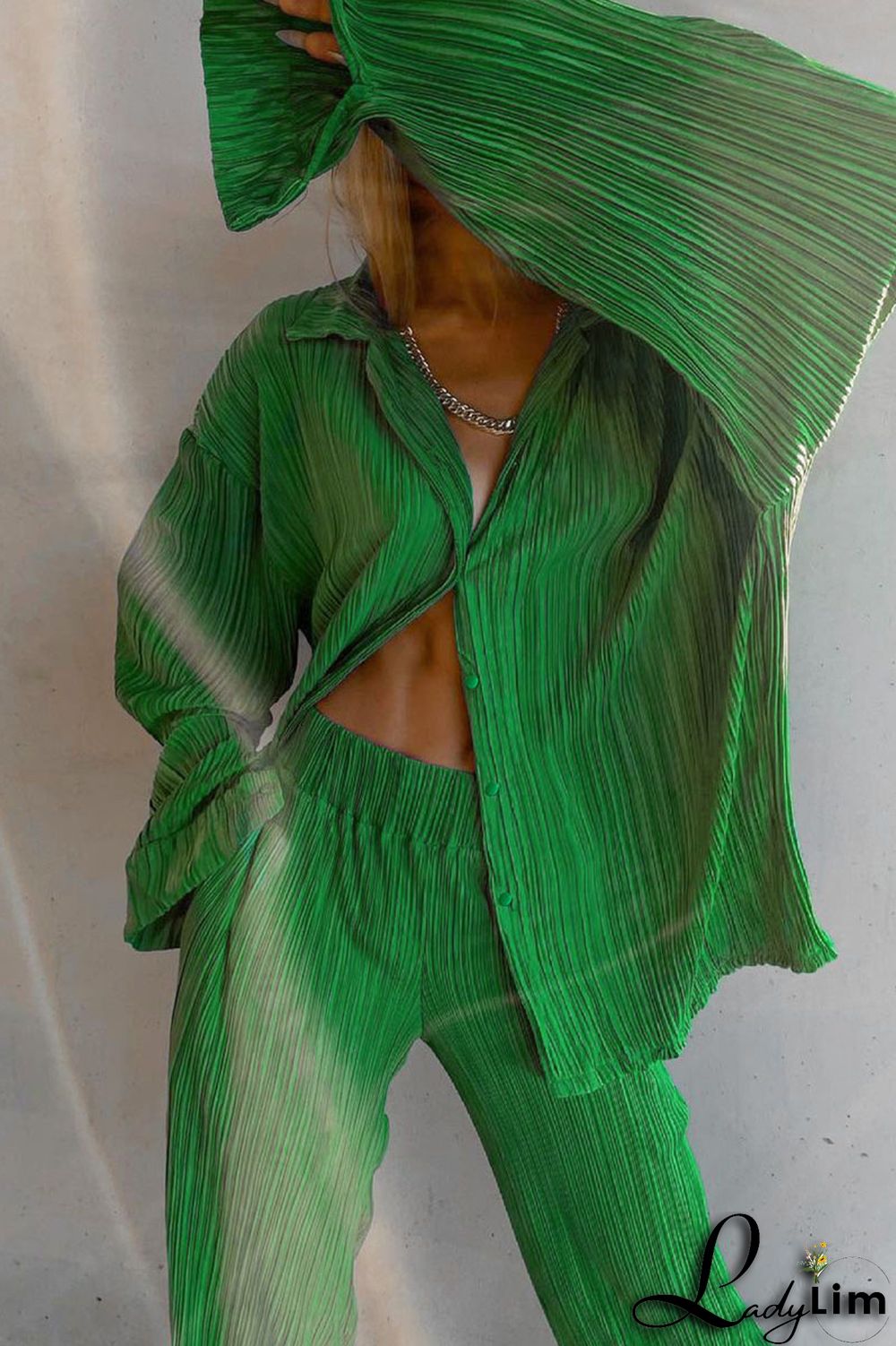 Deep Pink Casual Solid Patchwork Buckle Fold Turndown Collar Long Sleeve Two Pieces