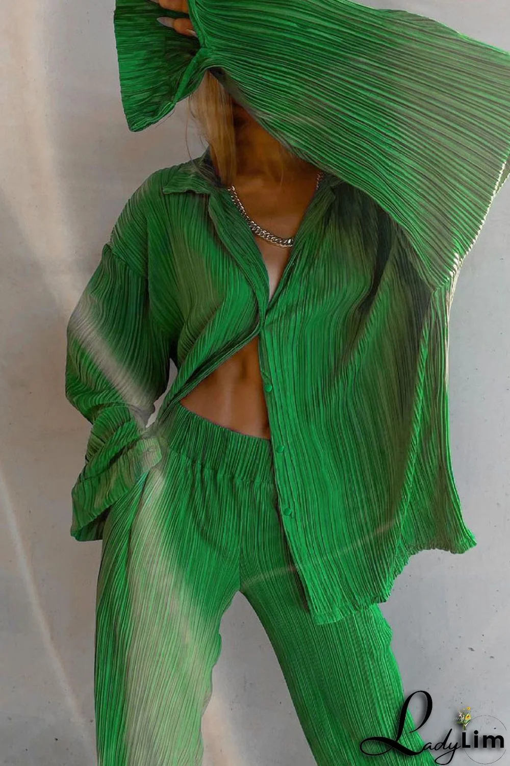 Deep Pink Casual Solid Patchwork Buckle Fold Turndown Collar Long Sleeve Two Pieces