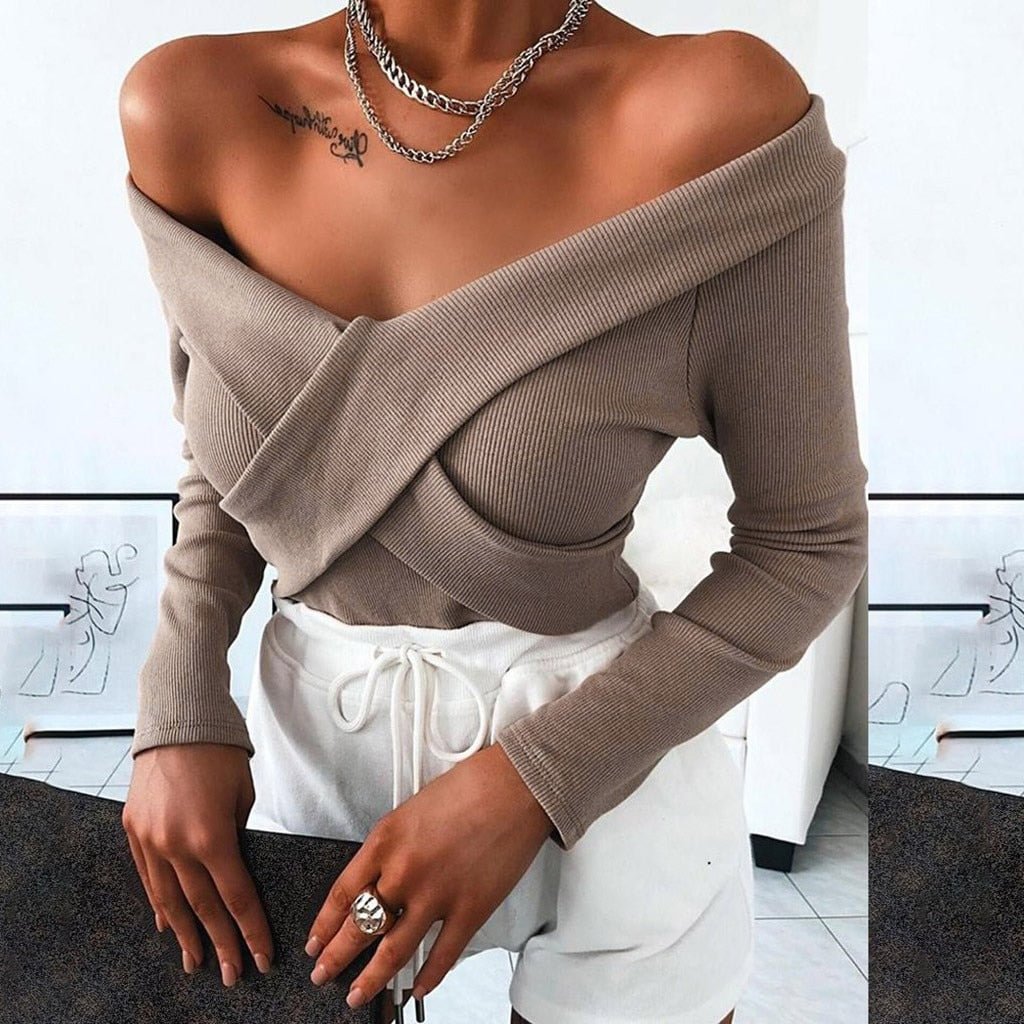 Feitong Sexy off shoulder knitted sweater women V neck spring autumn casual pullover Elegant jumpers sweater pull femme 2020