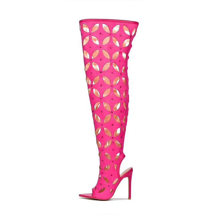Hot Pink Laser-Cut Slingback Thigh Peep Toe Boots with Stiletto Heels |FSJ Shoes