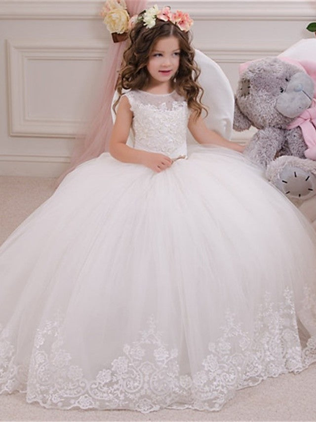 Oknass Ball Gown Sleeveless Jewel Neck Flower Girl Dresses Lace Tulle With Bow Appliques  Paillette