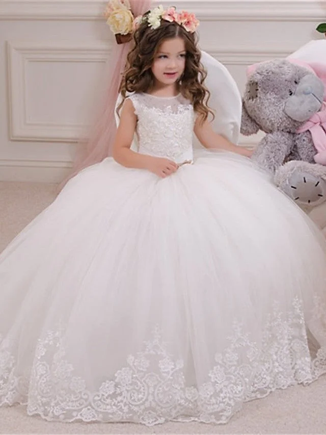 Daisda Ball Gown Sleeveless Jewel Neck Flower Girl Dresses Lace Tulle With Bow Appliques  Paillette
