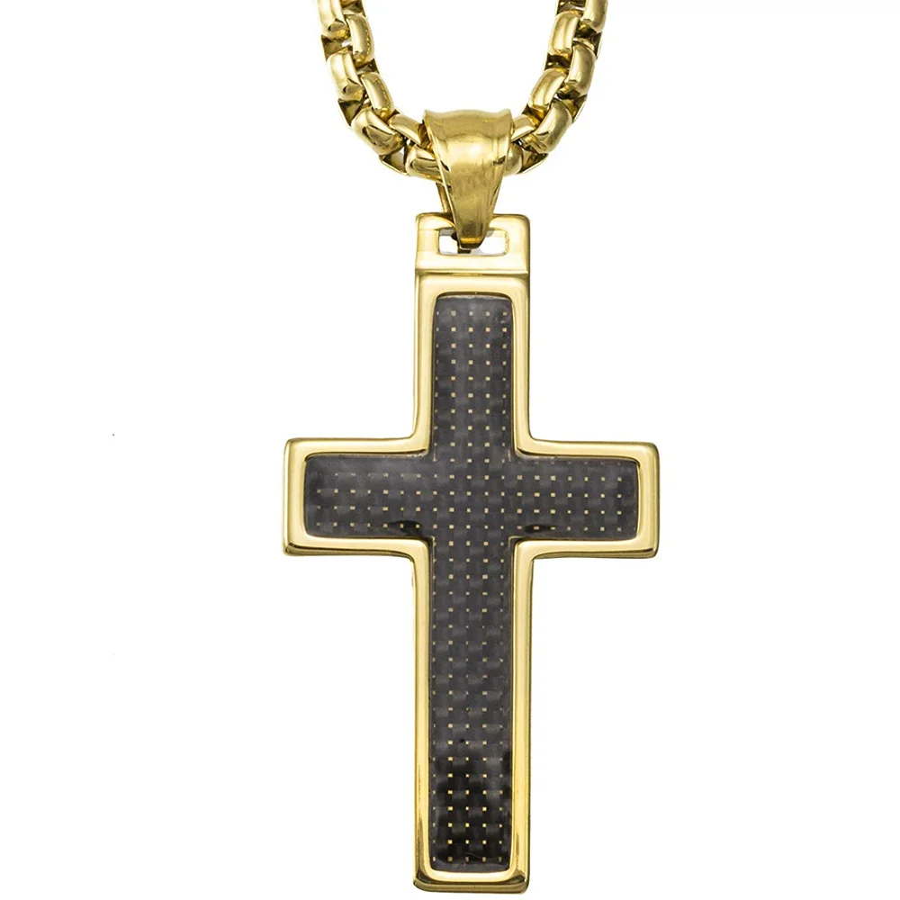 Women's Or Men's Tungsten Cross Pendant. 4mm Surgical Stainless Steel Box Chain. Black Carbon Fiber Inlay. Gold Plated Necklace Jewelry Gifts For Mens And Womens